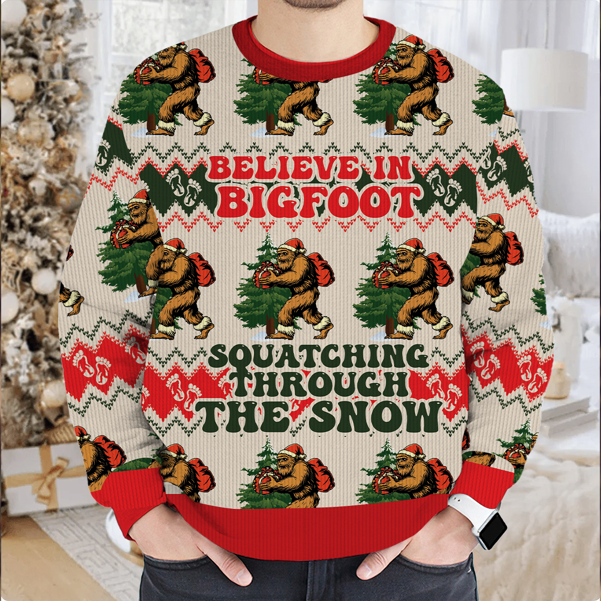 Belived In BigFoot Squatching Through The Snow Ugly Christmas Sweater, Custom Choo