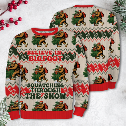 Belived In BigFoot Squatching Through The Snow Ugly Christmas Sweater, Custom Choo
