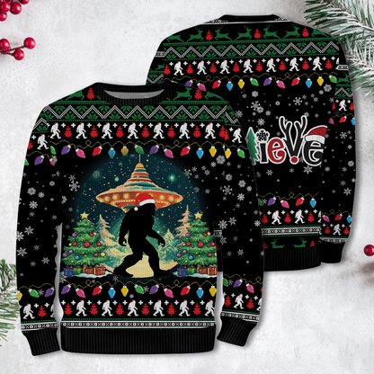 Believe Bigfoot Santa Hat UFO Christmas Ugly Christmas Sweater, Custom Choo