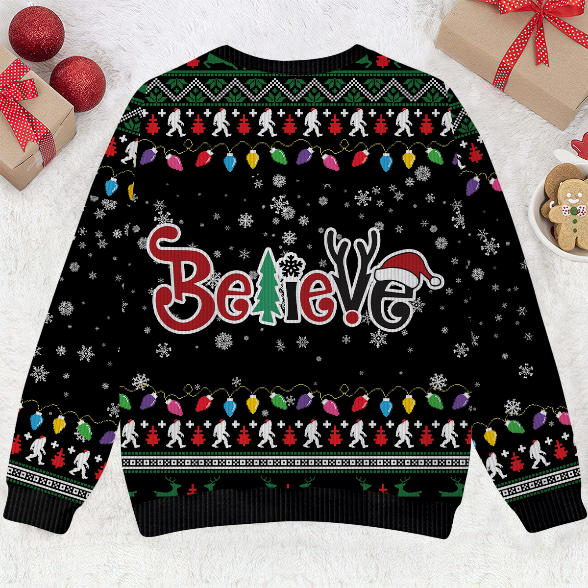 Believe Bigfoot Santa Hat UFO Christmas Ugly Christmas Sweater, Custom Choo