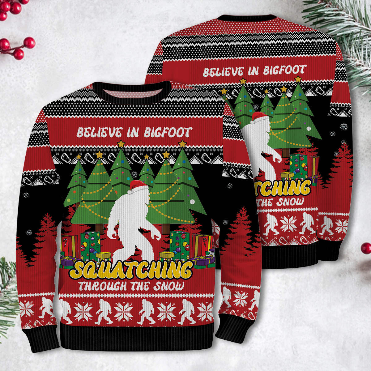 Believe in Bigfoot Christmas Trees Funny Ugly Christmas Sweater, Custom Choo