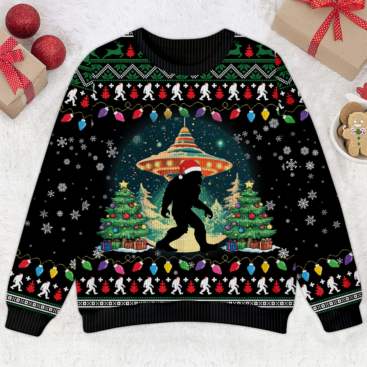 Believe Bigfoot Santa Hat UFO Christmas Ugly Christmas Sweater, Custom Choo