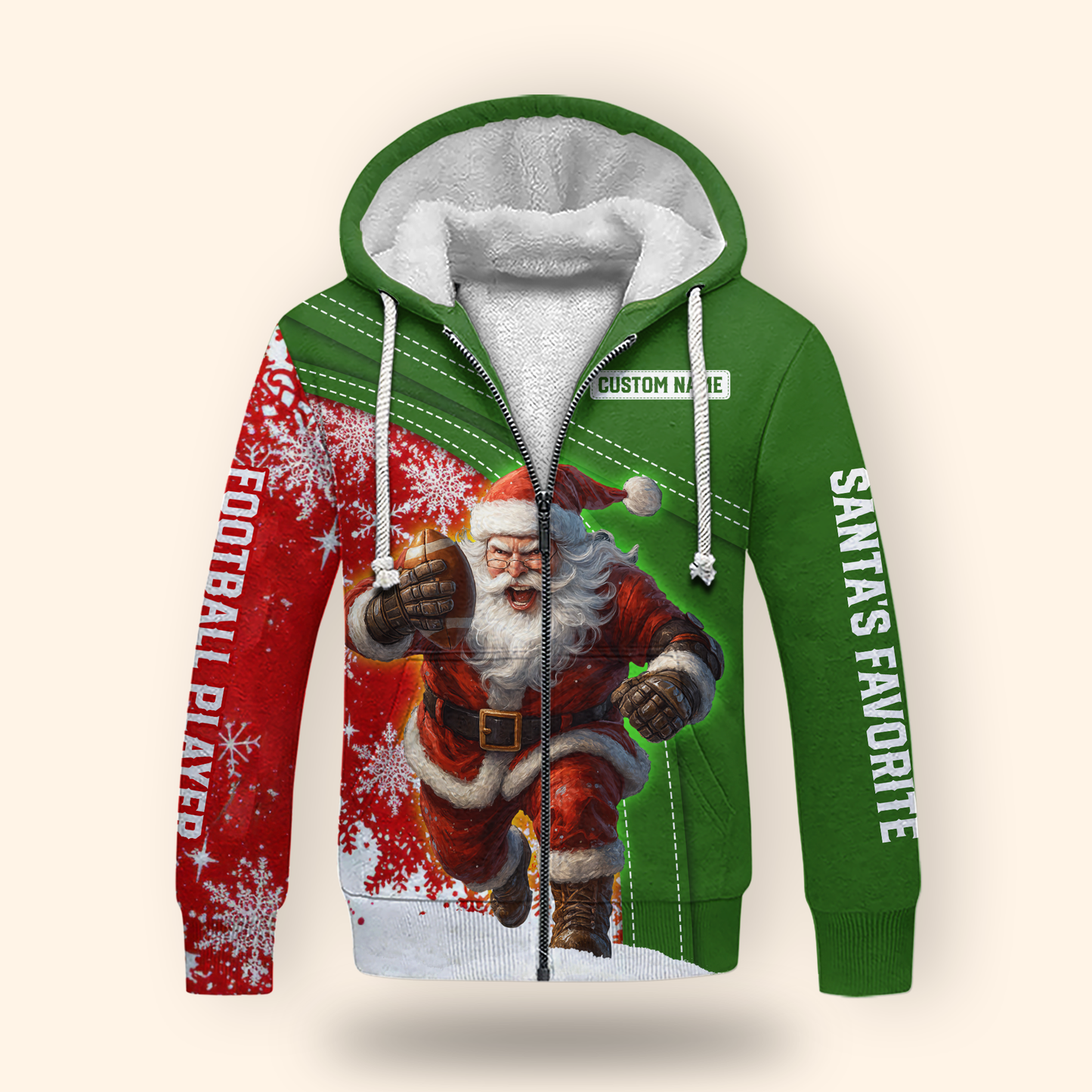 Santa Football Hoodie – Custom Name Christmas Sports Zip Up