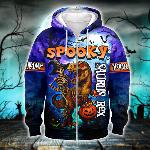 Spooky Saurus Rex Hoodie – Halloween Dinosaur & Skeleton Zip Up, Custom Name Gift, Custom Choo