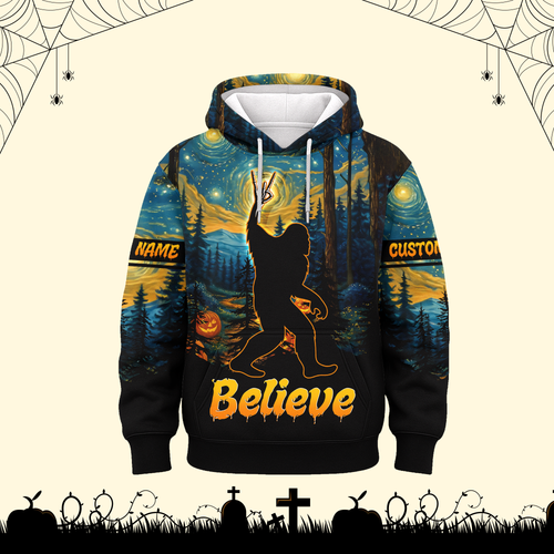 Personalized Bigfoot Believe Halloween Starry Forest Shirt, Custom Choo