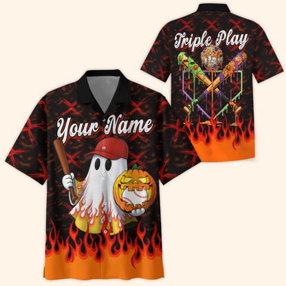 Personalized Baseball Halloween Hoodie – Ghost with Pumpkin & Bat, Custom Name Zip Up, Custom Choo