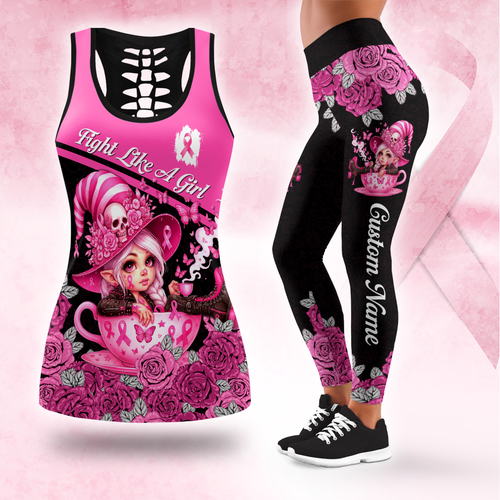 Personalized "Fight Like A Girl" Breast Cancer Awareness Hollow Tank Top and Leggings Set, Custom Choo