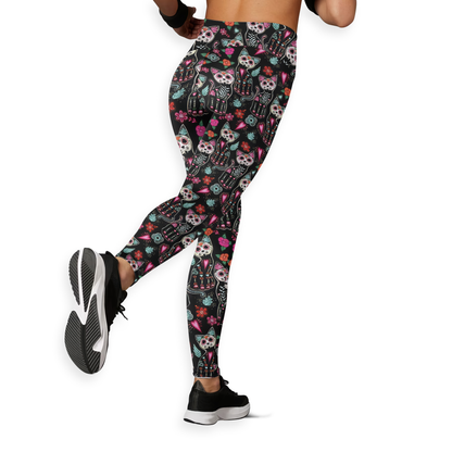 Sugar Skull Cat Leggings & Tank Top Set – Day of the Dead Workout Outfit for Women, Custom Choo