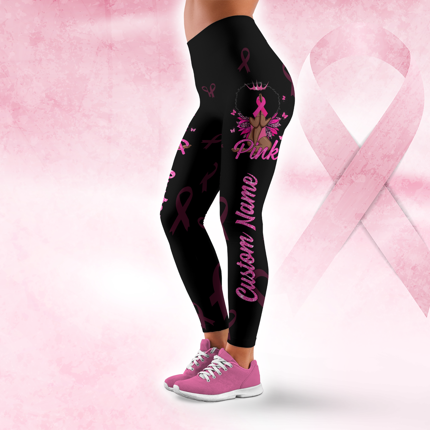 Personalized In October We Wear Pink Black Queen - Leggings and Hollow Tank Set, Custom Choo