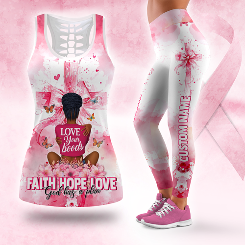 Personalized Breast Cancer Awareness Leggings and Hollow Tank Top Set, Custom Choo