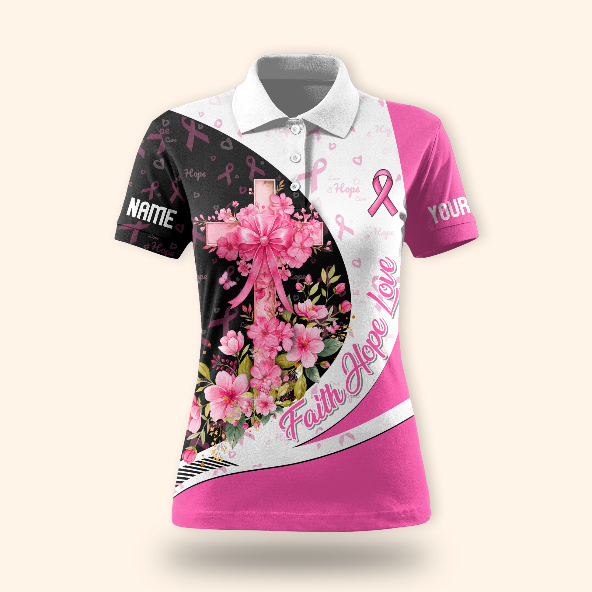 Personalized Breast Cancer Awareness "Faith Hope Love" Floral Cross Shirt, Custom Choo