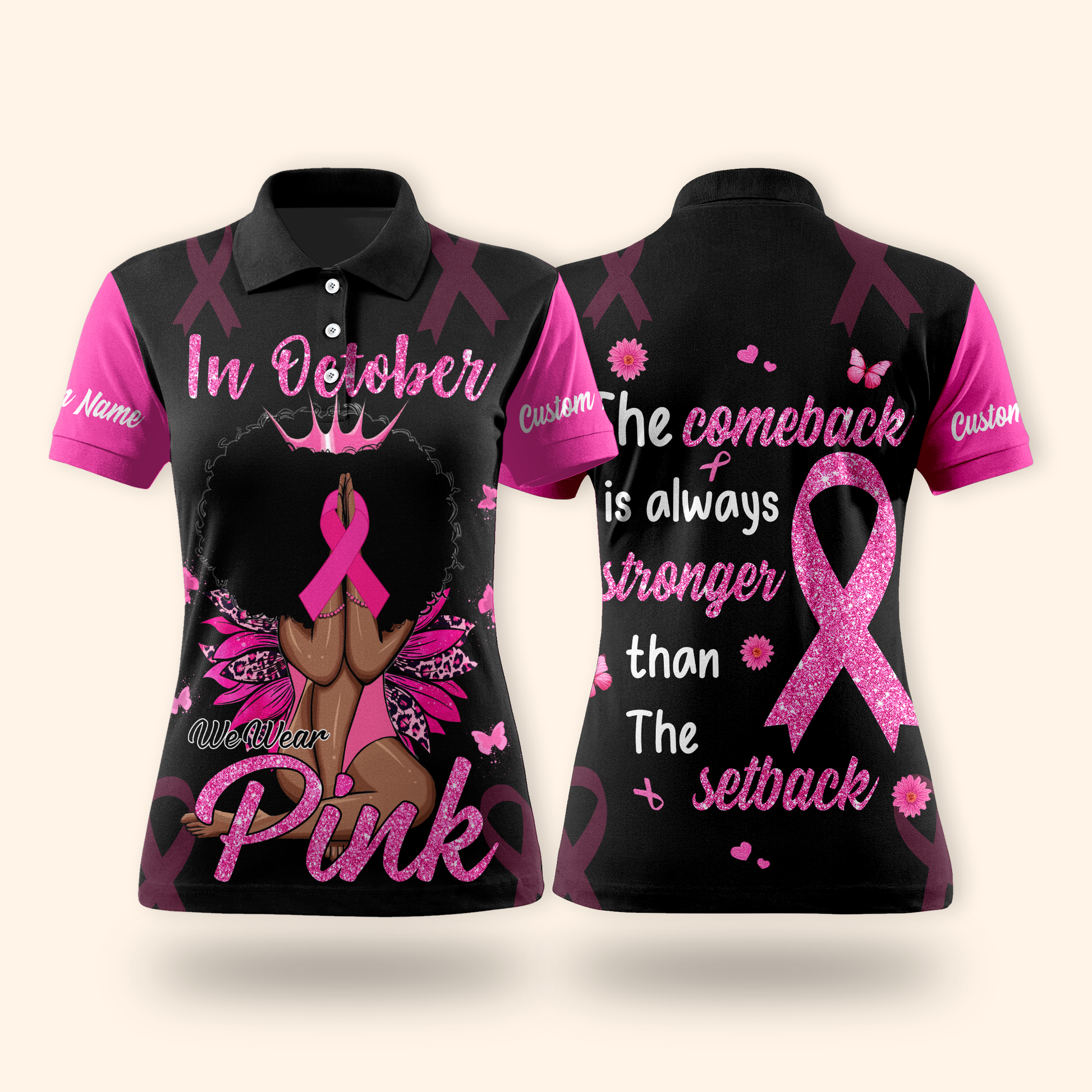 Personalized In October We Wear Pink Black Queen - Breast Cancer Awareness Shirt, Custom Choo