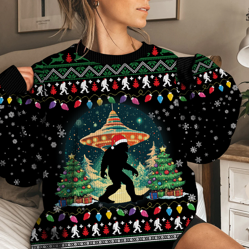 Believe Bigfoot Santa Hat UFO Christmas Ugly Christmas Sweater, Custom Choo