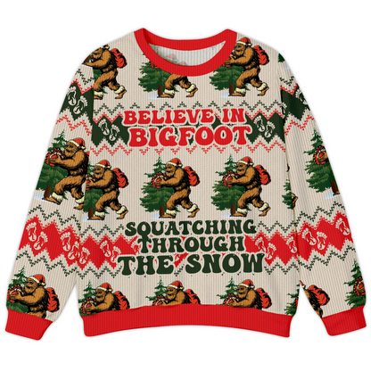 Belived In BigFoot Squatching Through The Snow Ugly Christmas Sweater, Custom Choo