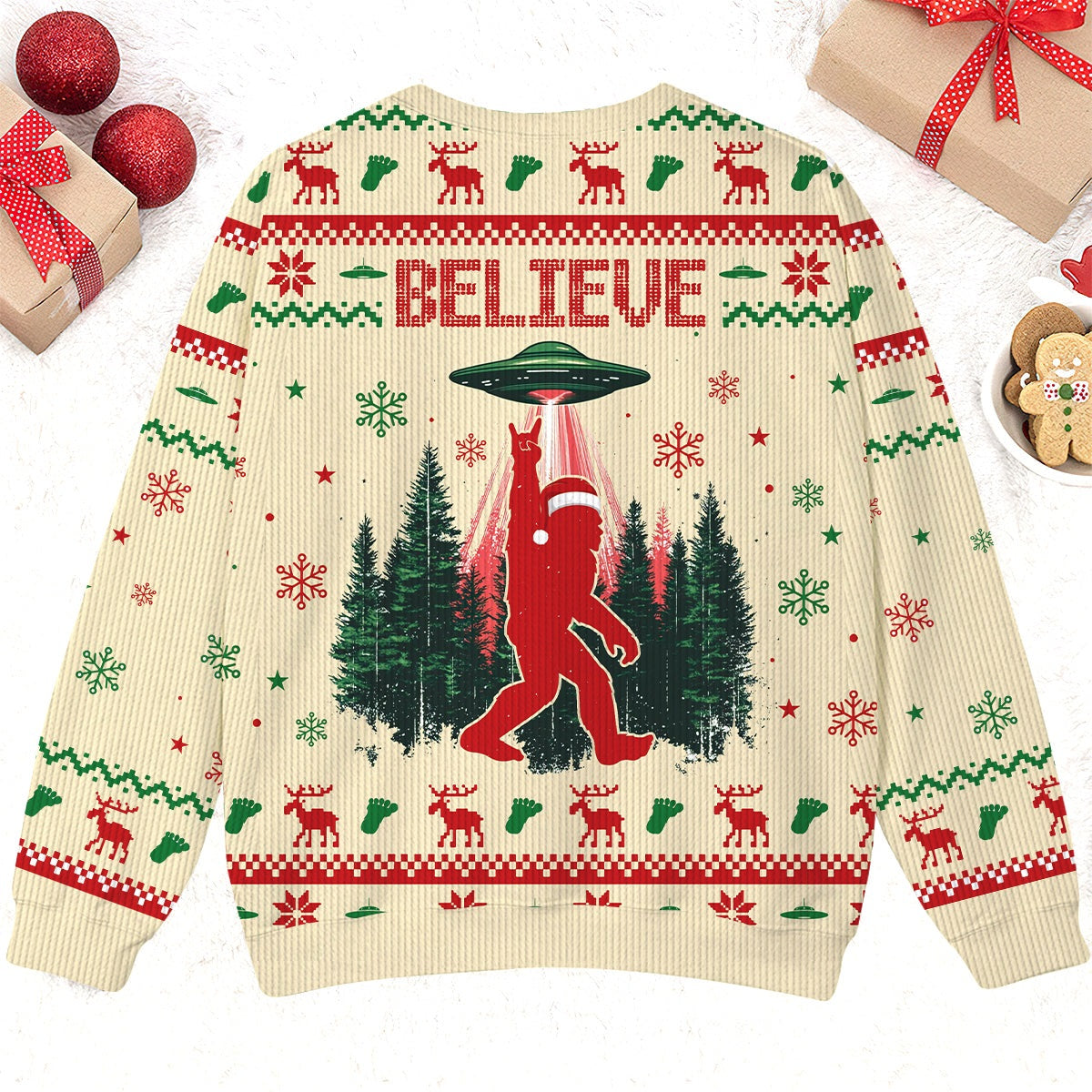Believe In Bigfoot UFO Christmas - Funny Ugly Christmas Sweater, Custom Choo