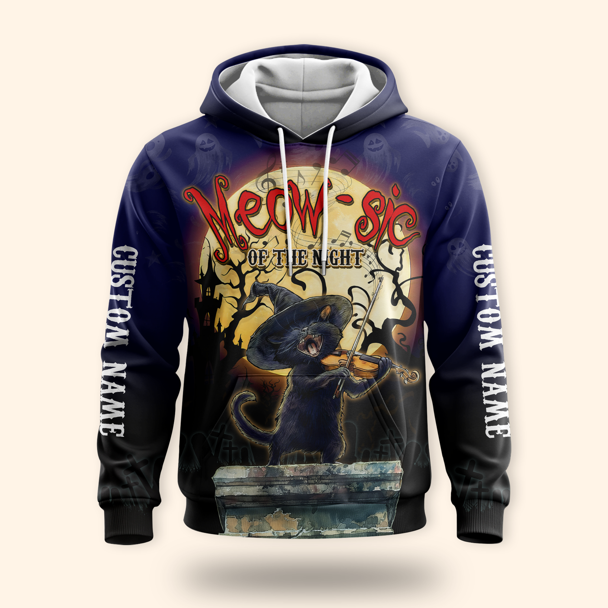 Personalized Halloween Cat Hoodie – Meow-sic of the Night Custom Name Zip Up, Custom Choo