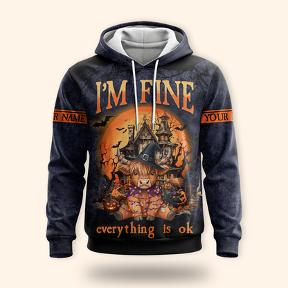 Personalized Halloween Cow Hoodie – "I’m Fine Everything Is Ok" Zip Up, Custom Name Gift, Custom Choo