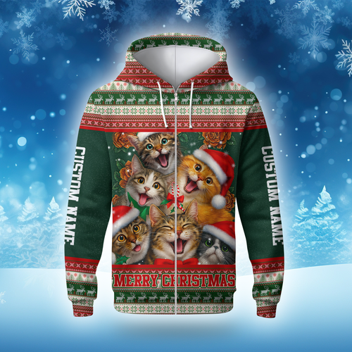 Christmas Cat Hoodie – Cute Cats in Santa Hats, Custom Name Zip Up, Funny Holiday Hoodie