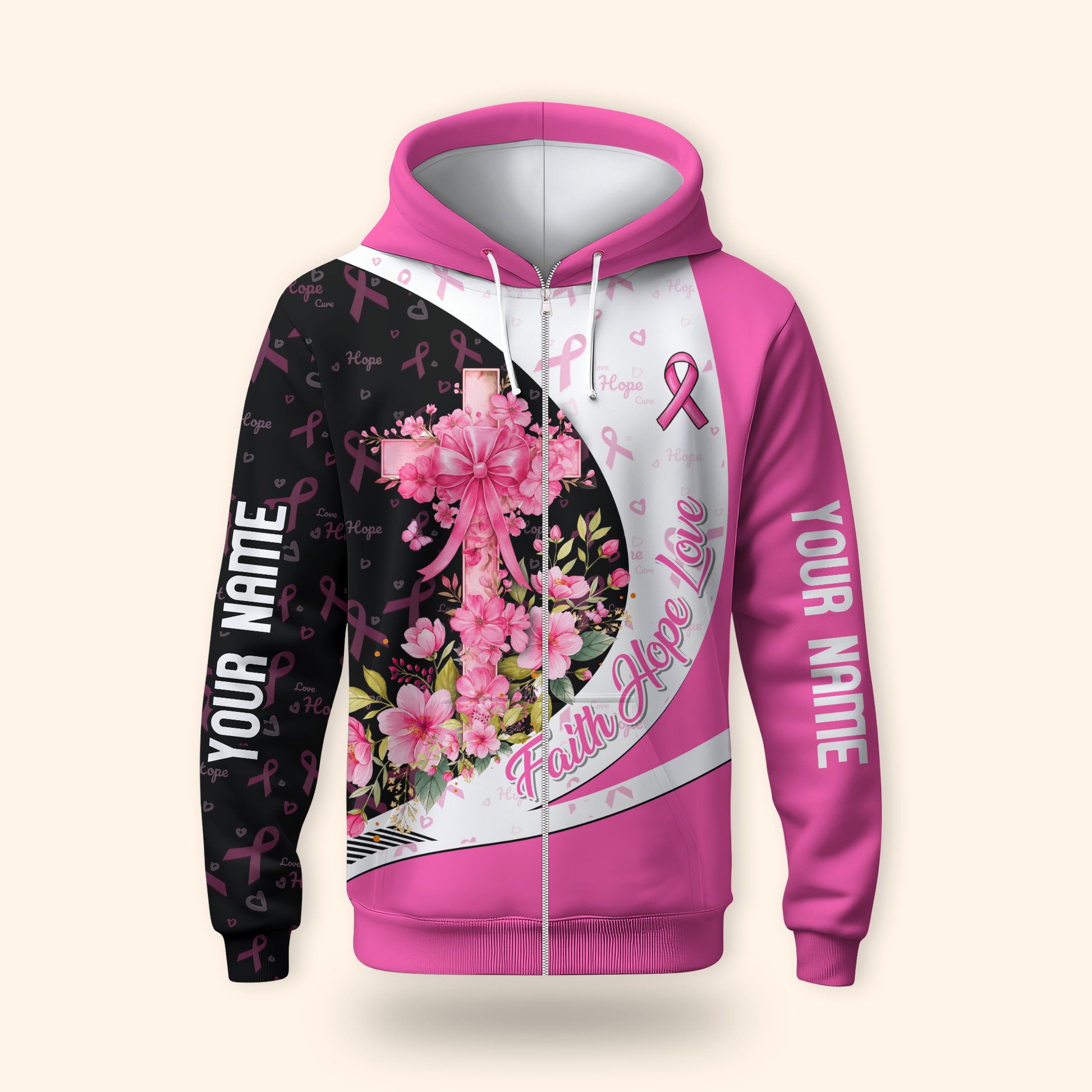 Personalized Breast Cancer Awareness "Faith Hope Love" Floral Cross Shirt, Custom Choo
