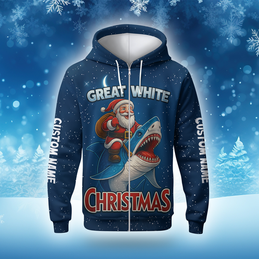 Santa Shark Hoodie – Great White Christmas Zip Up, Funny Holiday Hoodie, Custom Name Blue Ocean Design