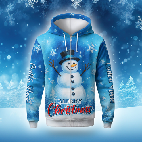 Merry Christmas Snowman Hoodie – Cute Blue Winter Zip Up