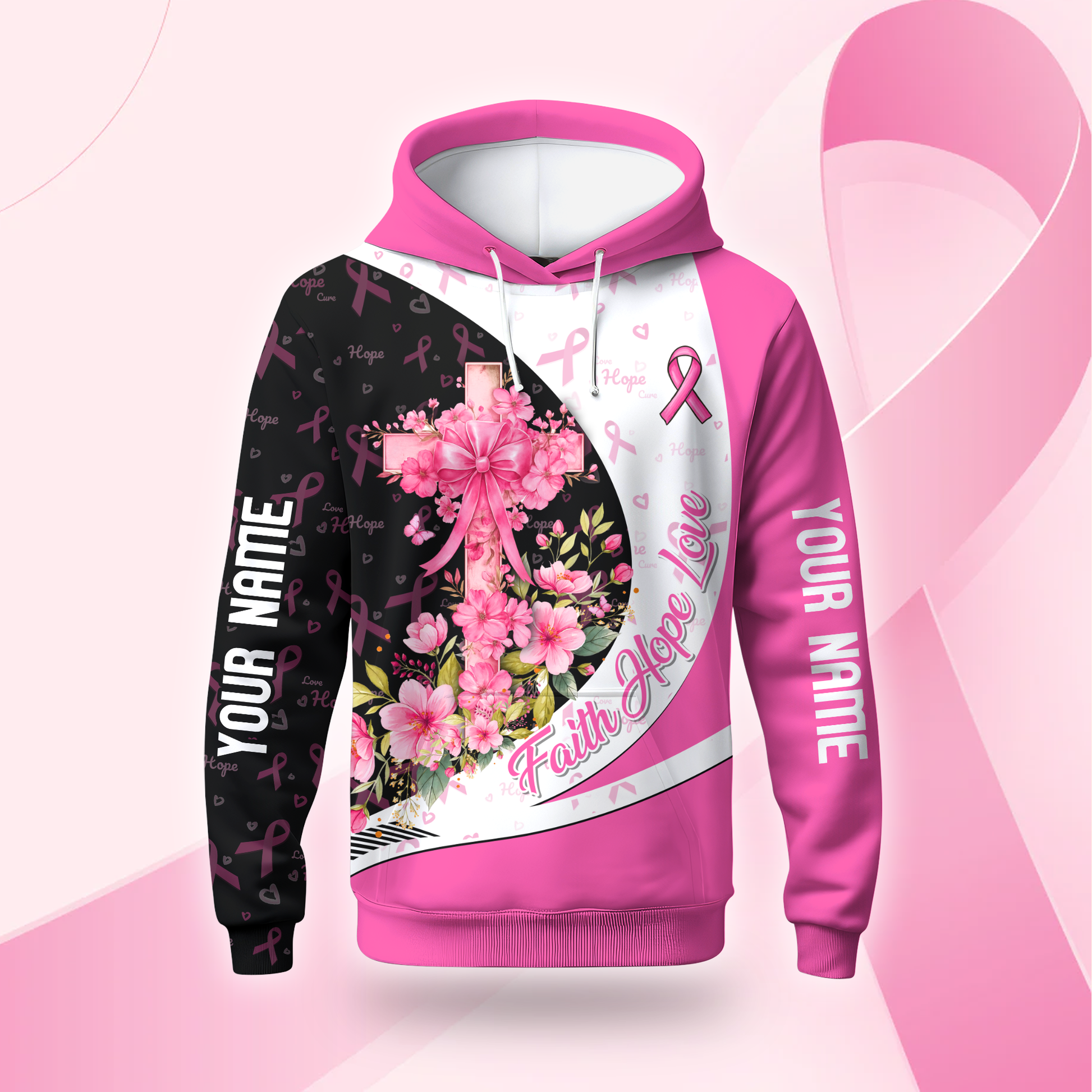 Personalized Breast Cancer Awareness "Faith Hope Love" Floral Cross Shirt, Custom Choo