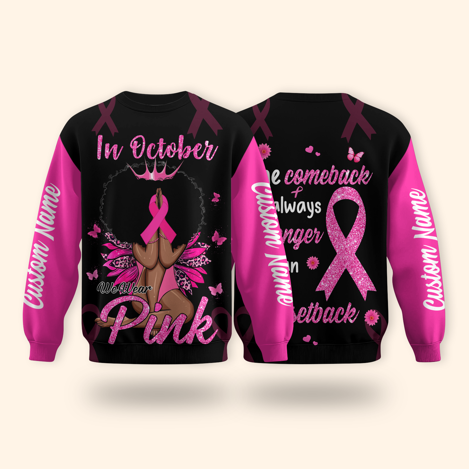 Personalized In October We Wear Pink Black Queen - Breast Cancer Awareness Shirt, Custom Choo