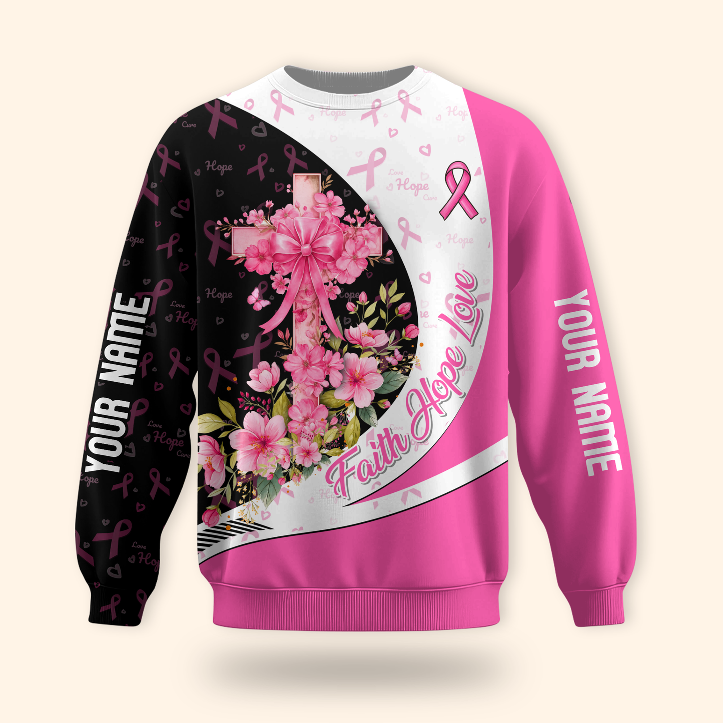 Personalized Breast Cancer Awareness "Faith Hope Love" Floral Cross Shirt, Custom Choo