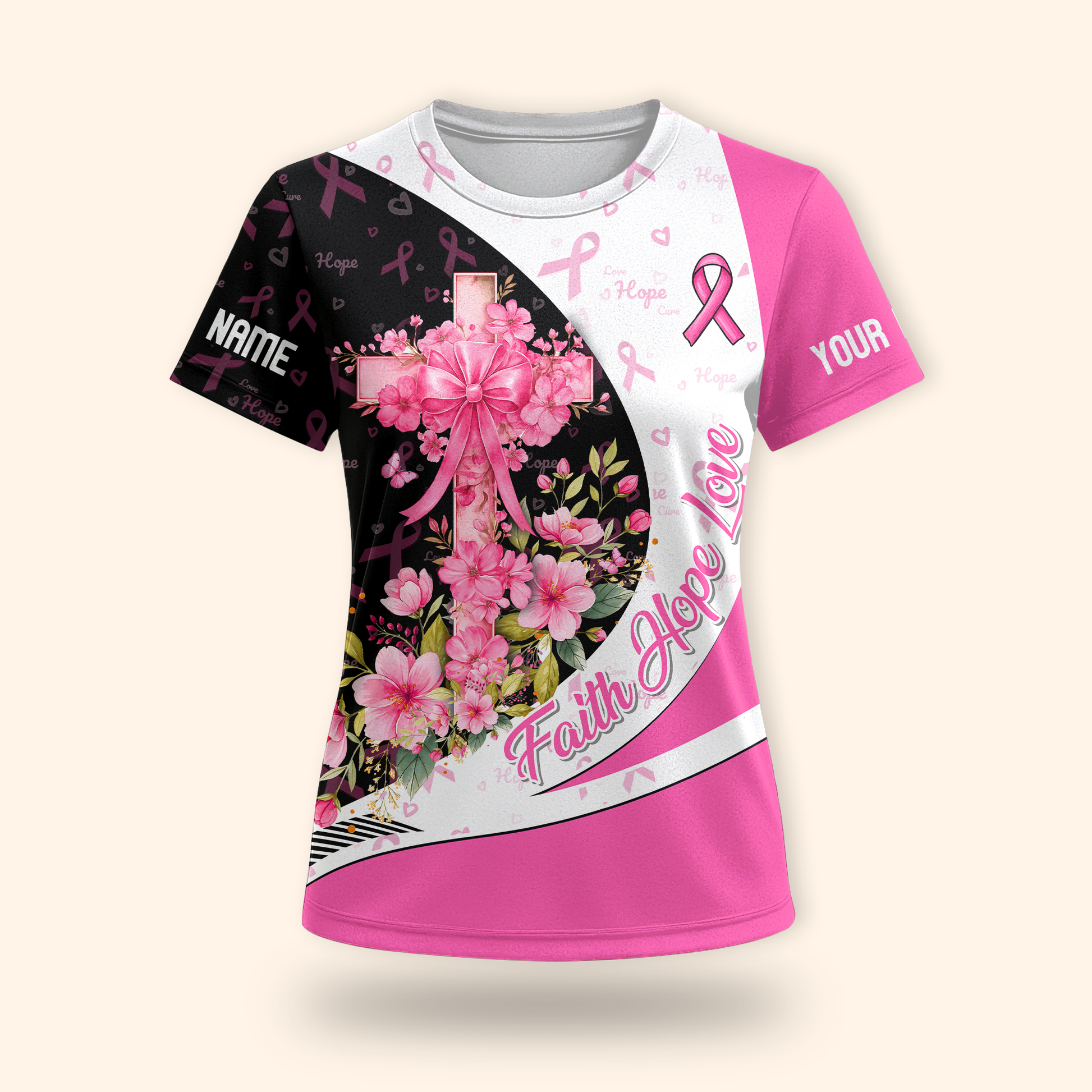 Personalized Breast Cancer Awareness "Faith Hope Love" Floral Cross Shirt, Custom Choo