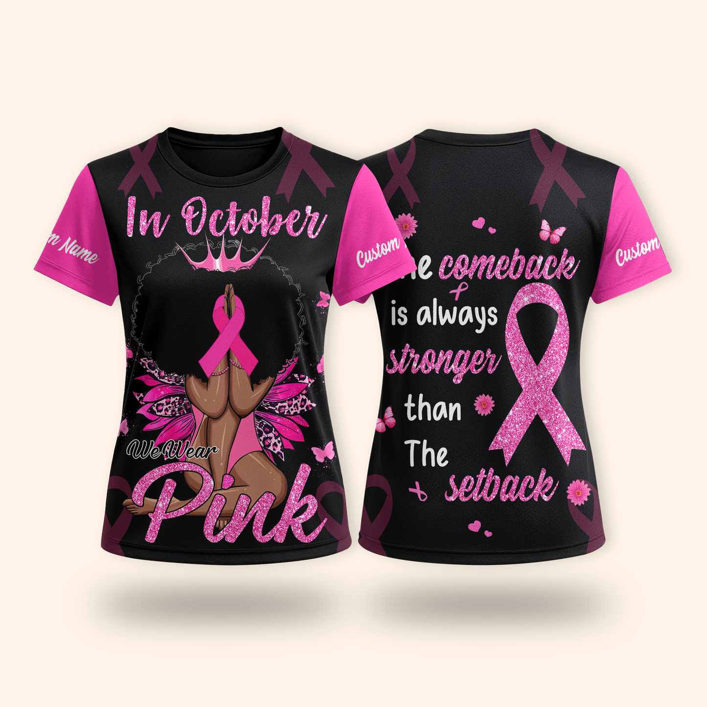 Personalized In October We Wear Pink Black Queen - Breast Cancer Awareness Shirt, Custom Choo