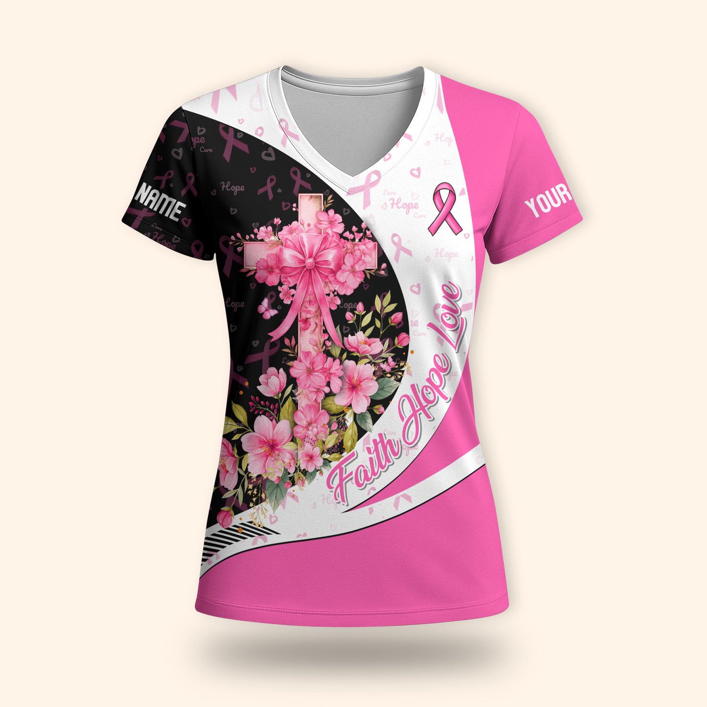 Personalized Breast Cancer Awareness "Faith Hope Love" Floral Cross Shirt, Custom Choo