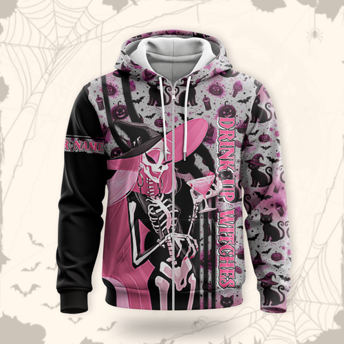 Personalized Halloween Hoodie – Drink Up Witches Pink Black Gothic Jacket, Custom Choo